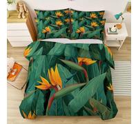 Housse de Couette 180 x 200 cm, Moderne Plantes Floral Oiseau De Paradis Fermeture Éclair Linge de Lit 2 Personnes en Microfibre, avec Taies d'oreiller 65x65 cm Jaune Vert