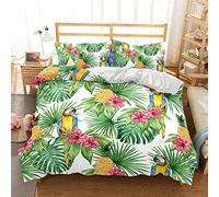 Housse de Couette 180 x 200cm Enfant Ananas, Perroquet, Feuille de Palmier Parure de Lit 2 Personne Plantes Tropicales Fleurs Feuillage avec Fermeture Éclair et 2 Taies d'oreill, 100% Microfibre