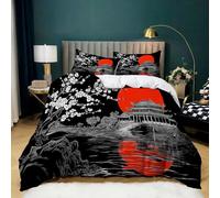 Housse de Couette 180x200 Architecture Japonaise en Fleurs de Cerisier Parure de Lit Garçon Fille en Microfibre Chambre Décor Housse Couette avec Fermeture Éclair avec 2 Taies d'oreiller 65x65 cm