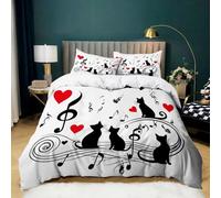 Housse de Couette 180x200 cm Chat Aimant Les Notes Musique, Parure de Lit Imprimée Éléments Musicaux pour 2 Personnes, Housses de Couette Microfibre Douce et Respirante avec 2 Taie d'oreiller