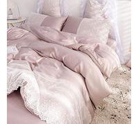 Housse de couette 2 personnes,Literie quatre pièces en soie lavée simple drap de couverture de couette de couleur unie couette dortoir style princesse trois pièces-Champagne en poudre_Ensemble de qua