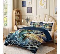 Housse de Couette 200 x 200 cm, Ado Adultes en Microfibre | Parure de lit Imprimé Côtier Rustique Perche Vagues Nuages Soleil,Fermeture Éclair,2 Taies d'oreiller,Réversible Linge de Lit, Bleu Vert