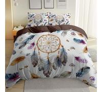 Housse de Couette 200 x 200 cm avec 2 Taies d'oreiller, Brun Microfibre brossée Douce - Attrape-RêVes RéTro Abstrait à Plumes Design en Respirable avec Fermeture Éclair Literie pour la Maison