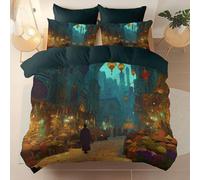 Housse de Couette 200 x 200 cm avec 2 Taies d'oreiller - Fantaisie Ville Lumières Bâtiments Motif - Parure de lit Douce et Confortable - Microfibre Parure Couette avec Fermetures éclair, Vert foncé