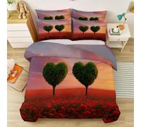 Housse de Couette 200 x 200 cm avec 2 Taies d'oreiller - Motif Nature Champ Fleur Arbre Forme cœur Coucher Soleil - 100% Microfibre - Couleur Orange Parure de Lit Douce avec Fermeture Éclair Cachée