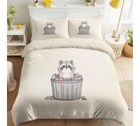 Housse De Couette 200 x 200 cm Beige Dessin animé Minimaliste Amusant Anime Mignon Parure de Lit pour Garçons & Filles, Poubelle Raton Laveur Linge de Lit Parure Housse Couette + 2 Taie d'oreiller