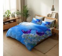 Housse de Couette 200 x 200 cm Bleu pour Fille Garcon Adolescent, Parure de Lit Enfant Rêveur Printemps Fleurs Papillons, Sets de Housses de Couettes Réversibles Imprimées en Microfibre Douce