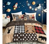 Housse de Couette 200 x 200 cm Coton avec Patchwork Rural - Brun | Parure de Lit 2 Personnes avec 2 Taies d'oreiller 65x65 cm - Microfibre avec Fermeture Éclair - Animaux Élans Ours Noirs