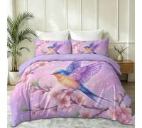 Housse de Couette 200 x 200 cm Dégradé Hirondelle Branche Fleurie avec Taie d'oreiller, Parure de Lit en Microfibre Illustration Fantastique pour Filles Garçons, Violet Clair