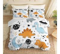 Housse de Couette 200 x 200 cm, Dinosaure Casque Ciel Étoilé Planète Lune Parure de Lit Fermeture Éclair, Blanc Microfibre Housse de Couette, Dessin Animé Animal Linge de Lit avec 2 Taies d'oreiller