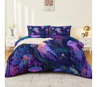 Housse de Couette 200 x 200 cm Fantastique, Vie Marine Méduse Corail Algues Réversible Microfibre Douce et Respirante Parure de Lit avec 2 Taies d'oreiller, Violet Bleu Lac