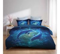 Housse de Couette 200 x 200 cm Literie en Peluche Parure de Lit 2 Personnes Haute Qualité Toucher Soyeux Imprimée 3 Pièces Taie d'oreiller Incluse Bleu marine Magique Mystérieux Animal Dauphin