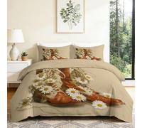 Housse de Couette 200 x 200 cm Marguerite Bottes Fleurs Parure de Lit, Petite Impression Florale Pastorale Imprimé Housse de Couette avec Fermeture Éclair Brun Literie avec Taie d'oreiller 65x65cm