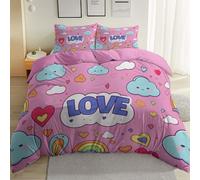 Housse de Couette 200 x 200 cm, Mignon Dessin animéPont en arc rayé Nuages Amour Motifs Parure de Lit en Microfibre - Rose Imprimée Parure d avec Fermeture Éclair Douce légère et Facile d'entretien
