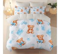 Housse de Couette 200 x 200 cm Motif Dessin animé Mignon Ours en Peluche Coffret Cadeau Parure de Lit Botanique Fermeture Éclair - Blanc Housse de Couette en Microfibre avec 2 Taies d'oreiller