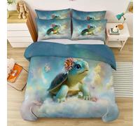 Housse de Couette 200 x 200 cm, Parure de Lit Botanique Fermeture Éclair Mignon Tortue De Mer Fleurs Nuages, Linge de Lit 2 Personnes Adulte avec 2 Taies d'oreiller 65x65 cm Multicolore