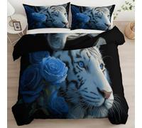 Housse de Couette 200 x 200 cm Photographies De Tiger Blue Rose Parure de lit Microfibre avec Fermeture Éclair Sets de Housse Couette avec 2 Taie d'oreiller Linge de Lit Imprimé, Noir