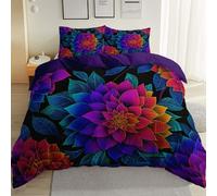 Housse de Couette 200 x 200 cm Réversible avec 2 Taie d'oreiller,Violet Microfibre brossée Douce Parure de Lit Adulte - RéTro Abstrait Floral NéOn Parure Couette avec Fermetures éclair