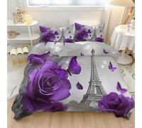 Housse de Couette 200 x 200 cm Style Français Moderne Parure de Lit avec Fermeture Éclair, Violet Réversible Légère 4 Saisons La Tour Eiffel Le Romantisme Les Roses Microfibre Housses Couettes