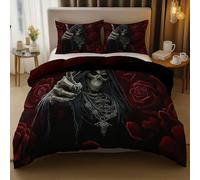 Housse de Couette 200 x 200 cm Ténèbres Mort Et Roses Parure de lit pour garçons Filles Adolescents avec 1 Taie Oreiller 65 x 65 cm Respirable Rouge Foncé Housse De Couette