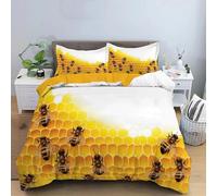 Housse de Couette 200x200 Abeille Parure de lit 2 Personnes Nid d'abeille Jaune 3D Imprimée Doux Literie Set Microfibre Housses Couettes avec Fermeture Éclair et 2 Taies d'oreiller H-2420