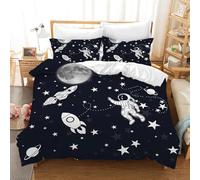 Housse de Couette 200x200 Adulte Astronautes Fusées 3D Imprimé Parure de Lit 2 Personnes Dessin Animé Noir 3 Pièces Doux Microfibre Literie avec Fermeture Éclair et 2 Taies d'oreiller 65x65 cm d-1869