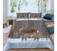 Housse de Couette 200x200 Adulte élan dans la Neige 3D Parure de Lit 2 Personnes en Microfibre Animaux Sauvages 3 Pièces Ensemble de literie Kaki avec Fermeture Éclair et 2 Taies d'oreiller E-1490
