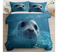 Housse de Couette 200x200 Adulte Enfant Surréaliste Dessin Animé Animal Bébé Phoque Parure de Lit 2 Personnes en Microfibre, Bleu Ensemble de Literie Décor de Chambre Gift Léger avec 2 taie d'oreiller