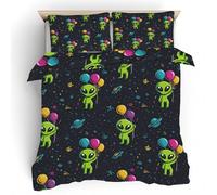 Housse de Couette 200x200 Alien Cartoon Imprimé, Parure de lit Planète Ballon Coloré Réversible Microfibre avec Fermeture Éclair, 2 Personnes, Ensemble de Literie 3 Pièces et 2 Taies d'oreiller B108C