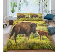 Housse de Couette 200x200 Bison Américain Parure de Lit Animal 3D Douce Respirante Microfibre Housse Couette 2 Personne avec Fermeture Éclair et 2 Taies d'oreiller l.573