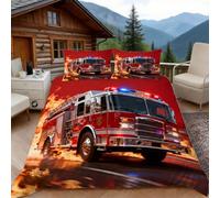 Housse de Couette 200x200 Camion de Pompier Rouge, 2 Personnes, Parure de Lit Flammes Microfibre avec 2 x Taie d'oreiller 65x65 cm avec Fermeture éclair