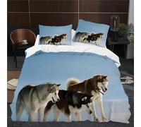 Housse de Couette 200x200 Chien Husky Parure de Lit 2 Personnes 3D Motif Chiens Housses de Couettes Microfibre Doux 3 pièces avec 2 Taies d'oreiller G1593