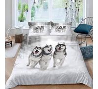 Housse de Couette 200x200 Chien Husky Parure de Lit Chien Mignon Imprimé 3D Sets de Housses de Couettes en Microfibre Doux avec Fermeture Éclair et 2 Taies d'oreiller B-5086