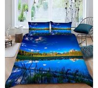 Housse de Couette 200x200 Ciel Bleu, Nuages Blancs, Lac Parure de Lit 2 Personnes Paysages Naturels 3D Imprimée Literie Set House Couette Microfibre pièces et 2 Taies Oreiller pour Adulte M.4169
