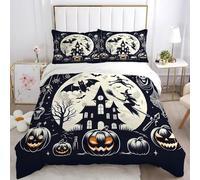 Housse de Couette 200x200 Citrouilles d'Halloween, Chauves Souris, Sorcière Parure de Lit, Housse Couette 3 Pièces en Microfibre, Fermeture Zippée (Comprenant Deux Taies D'oreiller, 65x65 cm) AT580