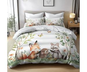 Housse de Couette 200x200 cm Animaux de la Forêt Parure de Lit Blanc | Ensemble 3 pièces en microfibre douce pour 2 personnes. Comprend une fermeture éclair et 2 taies d'oreiller 65x65 cm