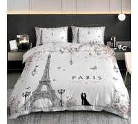 Housse de Couette 200x200 cm avec 2 Taie Oreiller 65x65 cm ThèMe Paris Romantique Parure de Lit 2 Personne Microfibre Douce Confortabl Blanc Ensemble de literie pour Ado Enfants