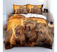 Housse de Couette 200x200 cm Lion 3D Parure de Lit Famille avec 2 Taies d'oreiller 65x65 cm Housse Couette Sets Réversible en Microfibre de avec Fermeture Éclair