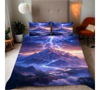 Housse de Couette 200x200 cm Nuages Éclairs Montagne enneigée Parure de Lit Motif 3D Sets De Housse Couette Et 2 Taies d'oreiller 65x65cm，AI Motifs Couvre-lit Doux et Respirant#YR8