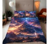 Housse de Couette 200x200 cm Nuages Éclairs Montagne enneigée Parure de Lit Motif 3D Sets De Housse Couette Et 2 Taies d'oreiller 65x65cm，AI Motifs Couvre-lit Doux et Respirant#YR5