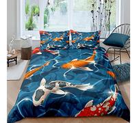 Housse De Couette 200X200 Cm - Parure De Lit Adulte 3D Poisson Rouge Créatif De L'Océan, Housse De Couette 1/2 Personnes en Microfibre avec Fermeture Éclair, avec 2 Doux Et Taies d'oreiller 65X65 Cm