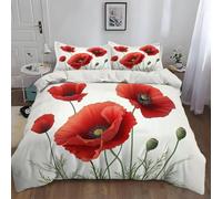 Housse de Couette 200x200 Coquelicot Fleurs Rouge Motif Ado Adultes Parure de Lit 2 Personnes Avec Fermeture éclair Filles Parure Housse Couette Literie Microfibre Avec 2 Taies D'oreiller 65x65