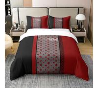 Housse de Couette 200x200 Coton Romantic Rose, Parure de Lit Noir Rouge Géométrique Rayures Audacieuses, Ensemble de Literie Botanique Fleur Feuille, Décor de Mariage Amoureux, Doux