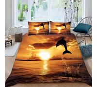 Housse de Couette 200x200 Coucher de Soleil Parures de Lit Adultes 3D Imprimée Literie Set 3 Pièces Dauphins Microfibre Housse Couette 2 Personne avec 2 Taie d'oreiller M.2265