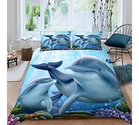 Housse de Couette 200x200 Dauphin Parure de Lit 2 Personnes Ado Impression 3D Motif La Vie Marine Ultra Doux Microfibre Literie avec Fermeture Éclair et 2 Taies d'oreiller 50x75 cm