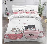 Housse de Couette 200x200 Enfant Chat 3D Imprimé Fille Parure de lit 2 Personnes Dessin Animé 3 Pièces Confortable Doux Microfibre avec Fermeture Éclair Literie et 2 Taie d'oreiller