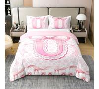 Housse de Couette 200x200 Enfant Coton Monogramme Lettre Initiale U Élégant Parure de Lit Nœud Rose Sets de Housses de Couettes Esthétique Coquet Imprimé Rose Floral Mignon Girly Dentelle Style Preppy