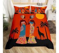 Housse de Couette 200x200 Femmes Africaines Parure de lit 2 Personnes Girafe Africaine Set de Housse Couette Microfibre Imprimée 3D Ensemble de Literie avec 2 Taies d'oreiller D-1504