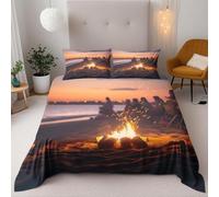 Housse de Couette 200x200 Feu de Joie sur la Plage Parure de Lit 2 Personnes Coucher de Soleil 3D Microfibre Douce Housses de Couettes avec Fermeture Éclair avec 2 Taies d'oreillers 65x65 cm A-1936