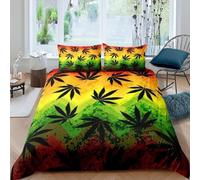 Housse de Couette 200x200 Feuilles de Chanvre Parure de lit 2 Personnes Motif Herbe 3D Imprimée Doux Literie Microfibre Housses Couettes avec Fermeture Éclair et 2 Taies d'oreiller B-1384